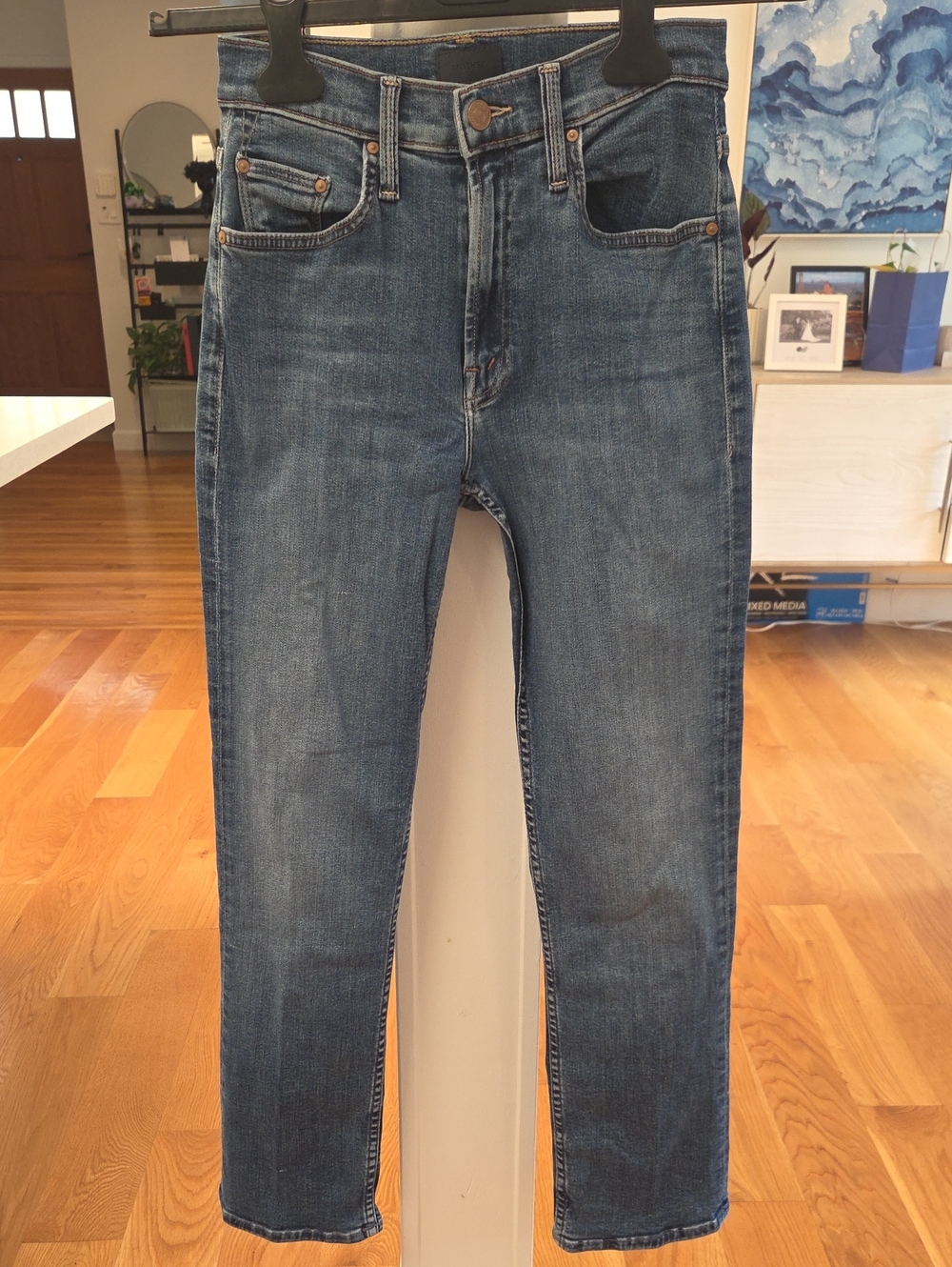 MOTHER Womens Mid Ride Rider Ankle Denim Straight Leg Denim Blue Jeans 24x27